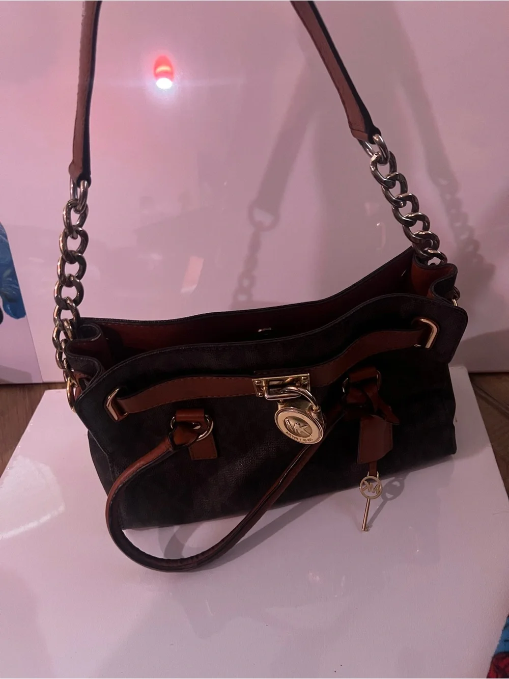 Michael Kors Black and Brown Shoulder Bag with Gold Accents
